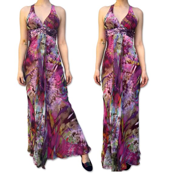 Morgan & Co. Multicolor Maxi Dress Pink Purple Sequin Halter Backless Sz 5/6 - Picture 1 of 3
